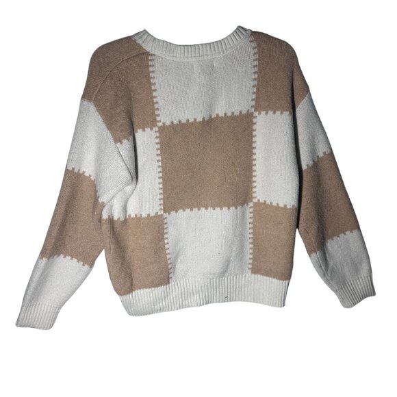 Bearpaw Checkered Crew Neck Sweater Women's Medium Tan & White NEW - Picture 2 of 9
